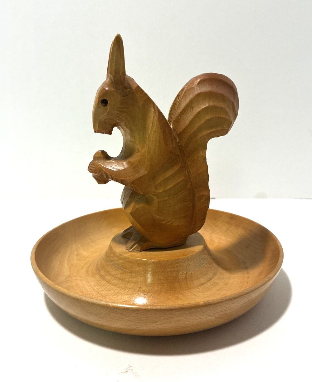 Squirrel on Nut Bowl Hand Carved Wood Vintage Germany